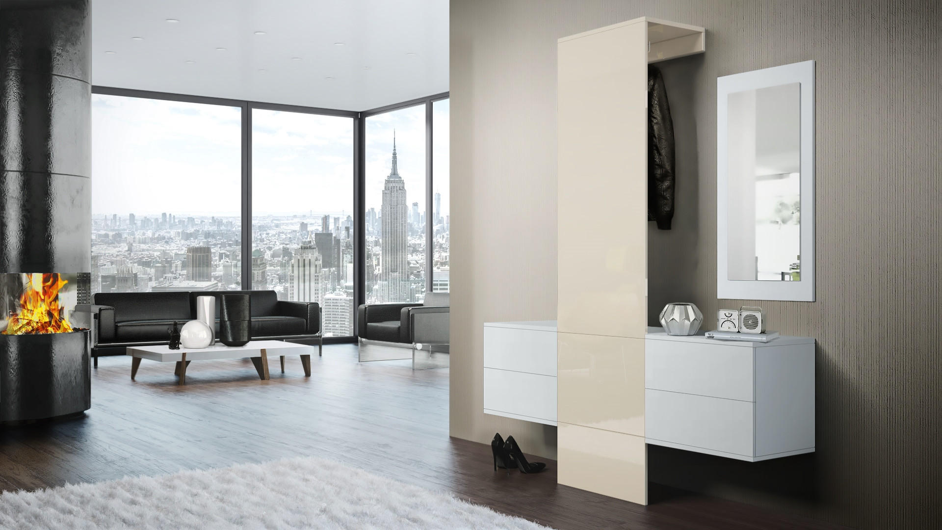 GARDEROBE Carlton Paneel in Creme Hochglanz - Creme, Holzwerkstoff (157/193/35cm) - Vladon