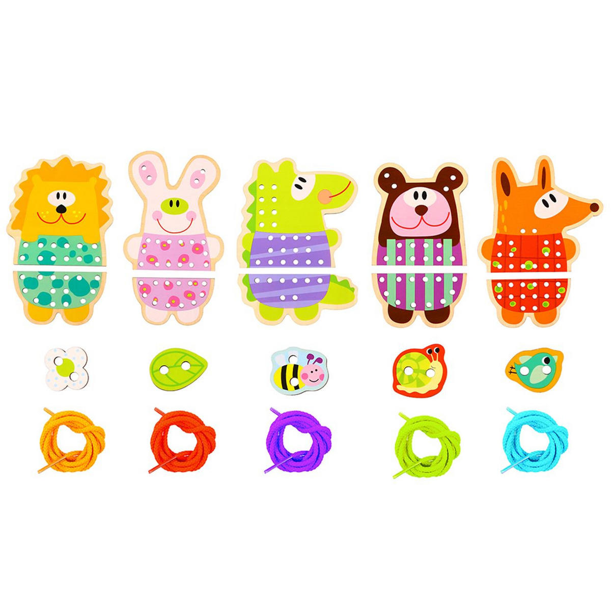 LERNSPIELZEUG Nähspiel TL417 Holz-Tiere orange Holz, 20-teilig, Schnürtiere, 5 Tiere, Schnüre, bunte Pins, Motorik - Orange, Holz (12/16cm) - Tooky Toy