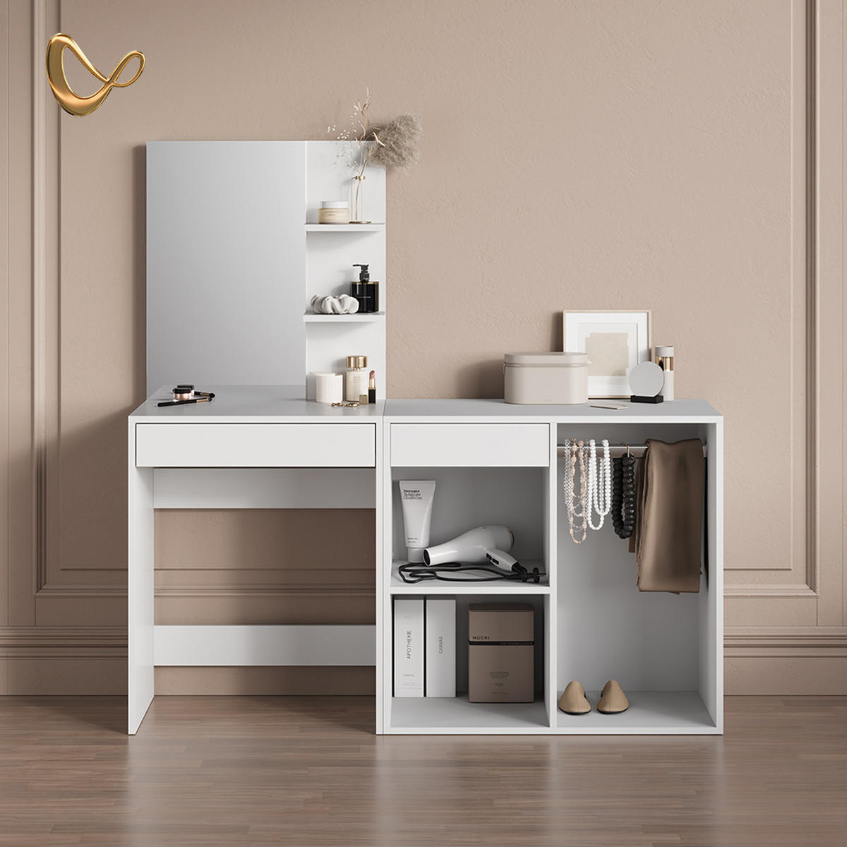 SCHMINKTISCH Nola Weiß 140 cm mit Schrank - Weiß, Holzwerkstoff (140/140/40cm) - Livinity®