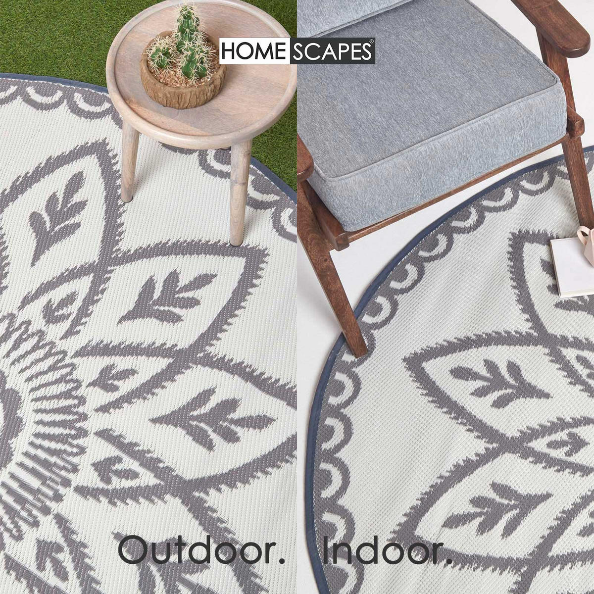 OUTDOORTEPPICH Henna rund mit Mandala-Muster 180 cm - Hellgrau, Kunststoff (180/180cm) - Homescapes