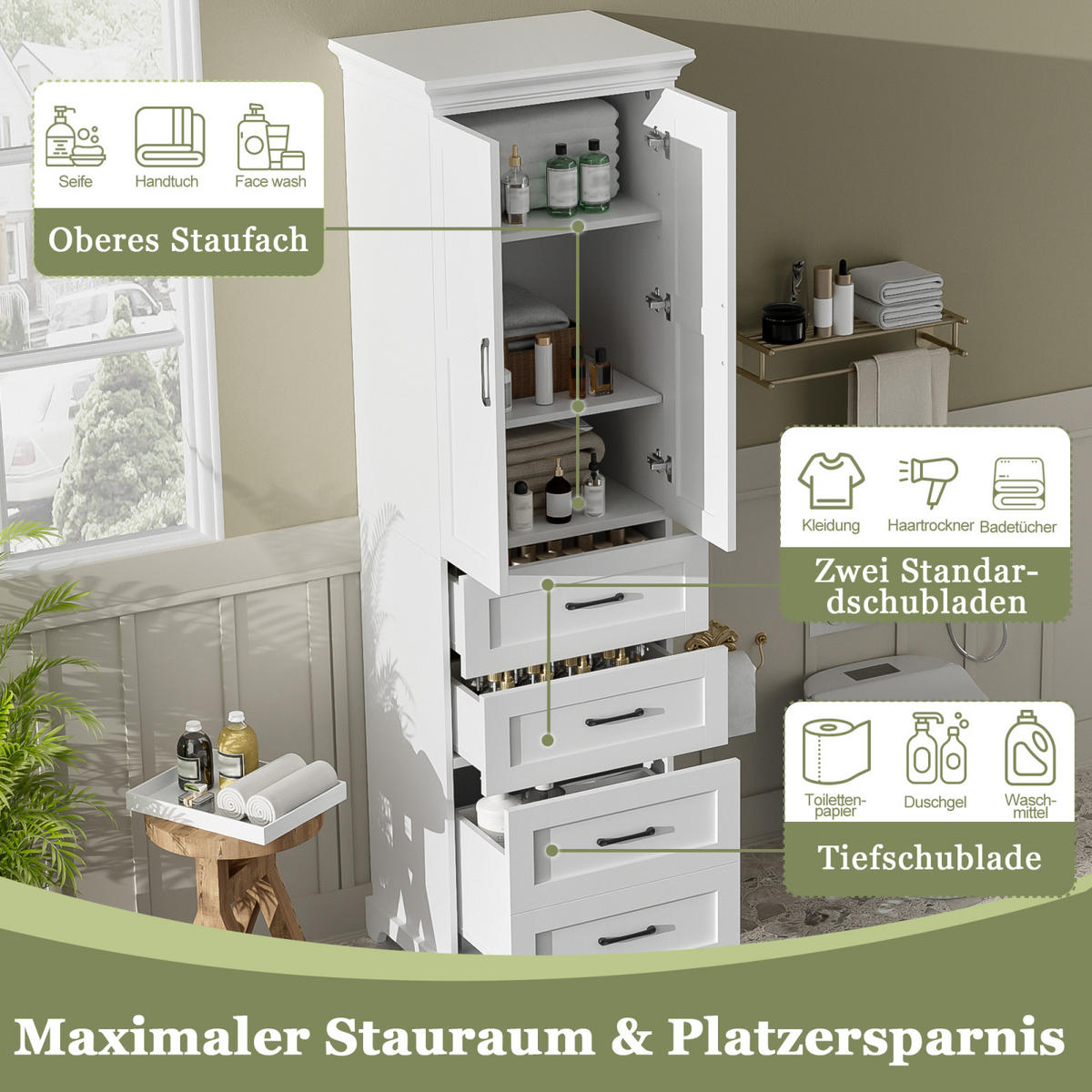 BADEZIMMERSCHRANK mit Schubladen, Einzelschrank, verstellbare Einlegeböden, Soft Close, Weiß - Weiß, Holz (57/180/38cm) - PARAFTA HOME