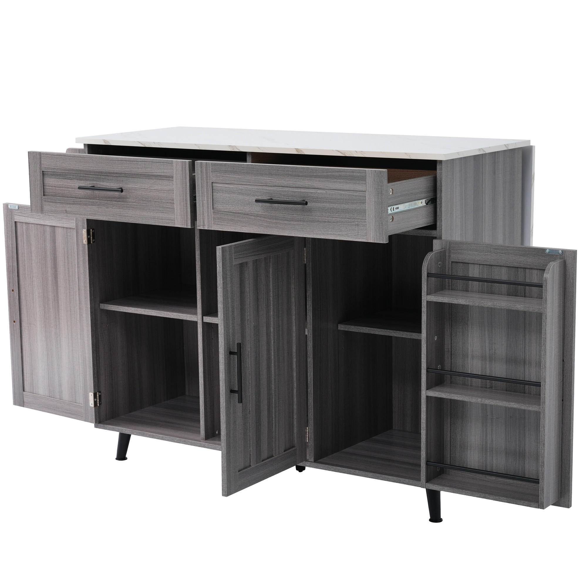Redom KUCHYŇSKÝ ostrůvek 129/71/91,5 cm s výsuvnou deskou, úložným prostorem na kolečkách a přestavitelnými nohami, Šedá/Bílá