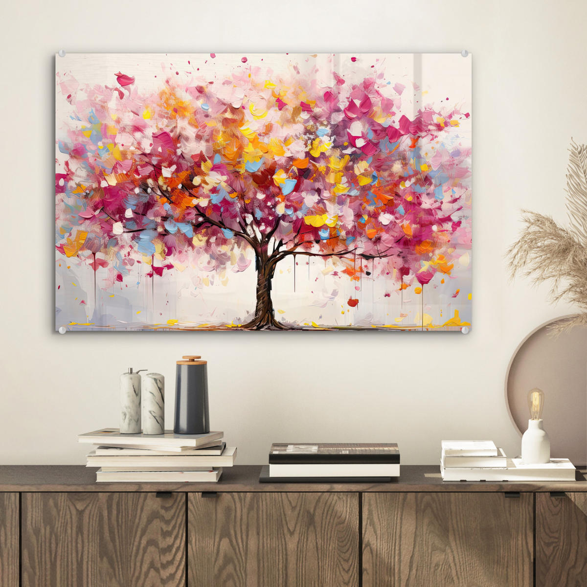 ACRYLGLASBILD Aquarell - Baum - Kunst - Abstrakt 60x40 cm - Multicolor, Glas (60/40cm) - MuchoWow