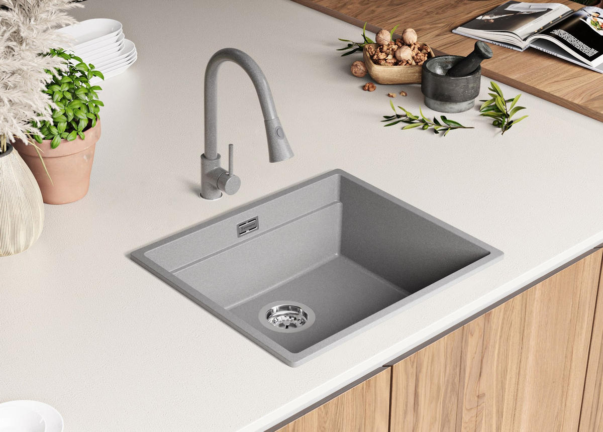 GRANITSPÜLE Praga Slim, 2-er set Grau 56/47 cm 1 Becken + Küchenarmatur 38/14 cm + Ablauf-Set + Aufrollbare Abtropffläche ab 60er Unterschrank - Chromfarben/Grau, Kunststoff (56/20/47cm) - Primagran