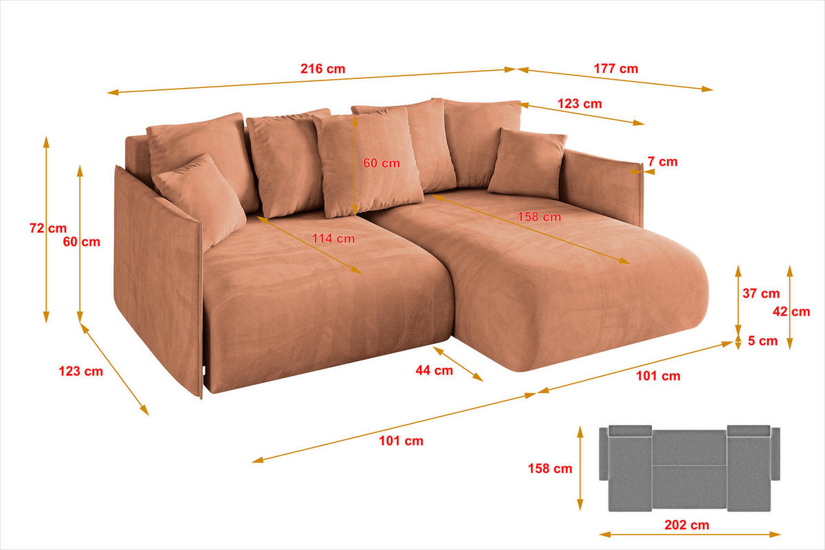 ECKSOFA Ottomane rechts ONESK-L 216x177x72 Koralle Velours - Koralle, Holzwerkstoff/Kunststoff (177/216cm) - ALTDECOR