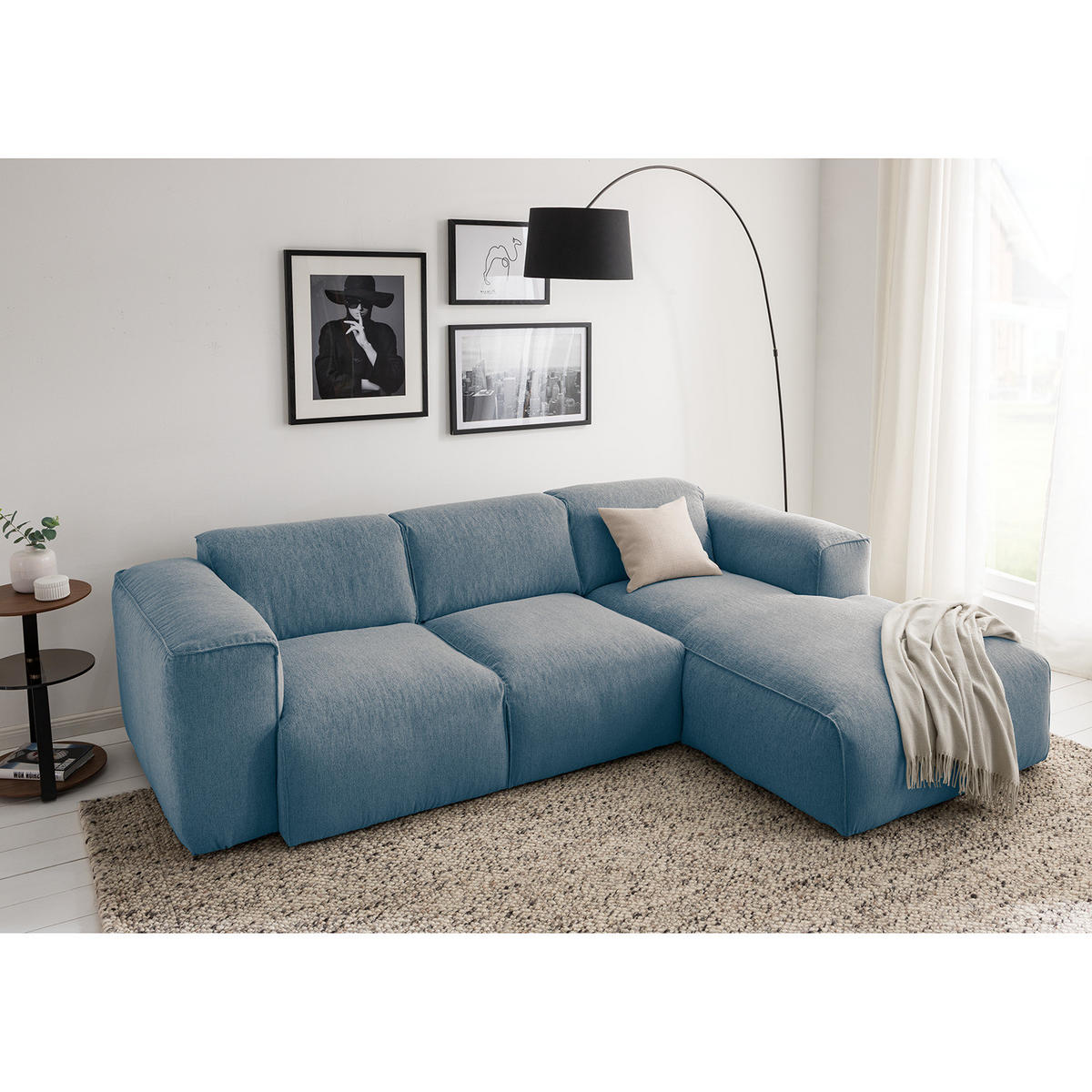 3-SITZER ECKSOFA mit Longchair - Blaugrau/Schwarz, Kunststoff/Textil (251/173cm) - home24