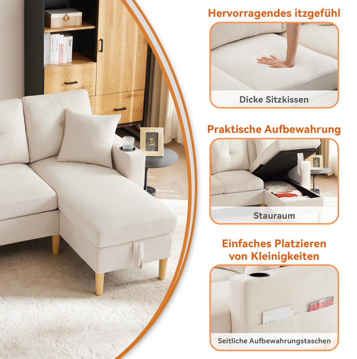 ECKSOFA L-Form Baumwoll-Leinen mit Stauraum und Getränkehaltern 175/129/90 cm Beige - Beige, Textil (175/129cm) - Redom