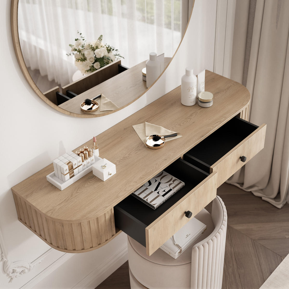 SCHMINKTISCH OVALINE mit Spiegel, 123 cm Cremona-Eiche - Eichefarben/Goldfarben, Holzwerkstoff/Metall (123/17.5/36cm) - Idohome