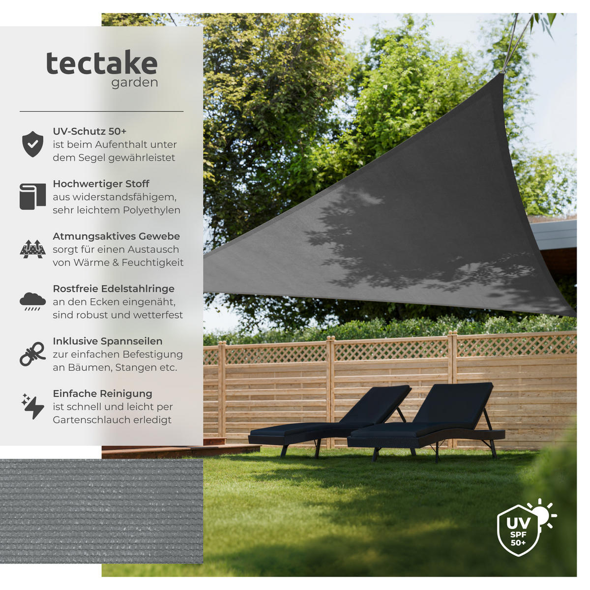 SONNENSEGEL , inklusive Spannseile, grau - Grau, Kunststoff (600/600cm) - tectake