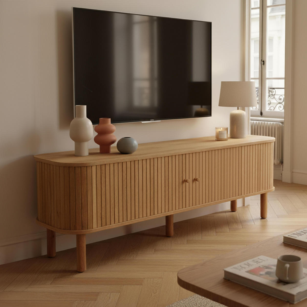 TV-SCHRANK, helles Holzeffekt - Beige, Holz (150/55/40cm) - Oviala