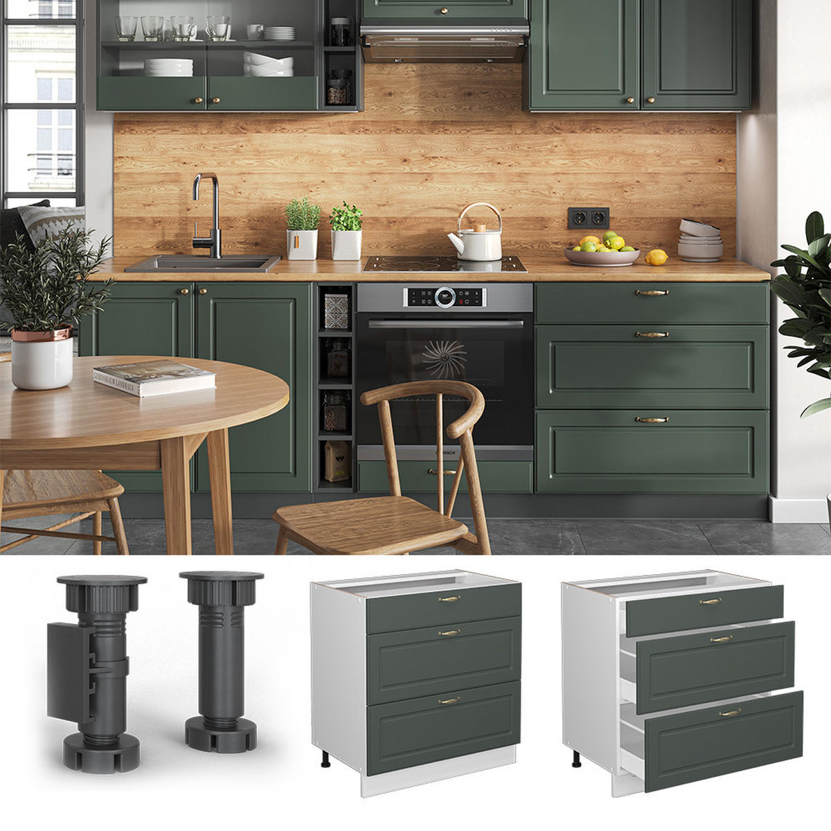KÜCHENUNTERSCHRANK Fame-Line Grün-Gold Landhaus 80 cm AP Anthrazit - Weiß/Grün, Holzwerkstoff (80/82/60cm) - Vicco
