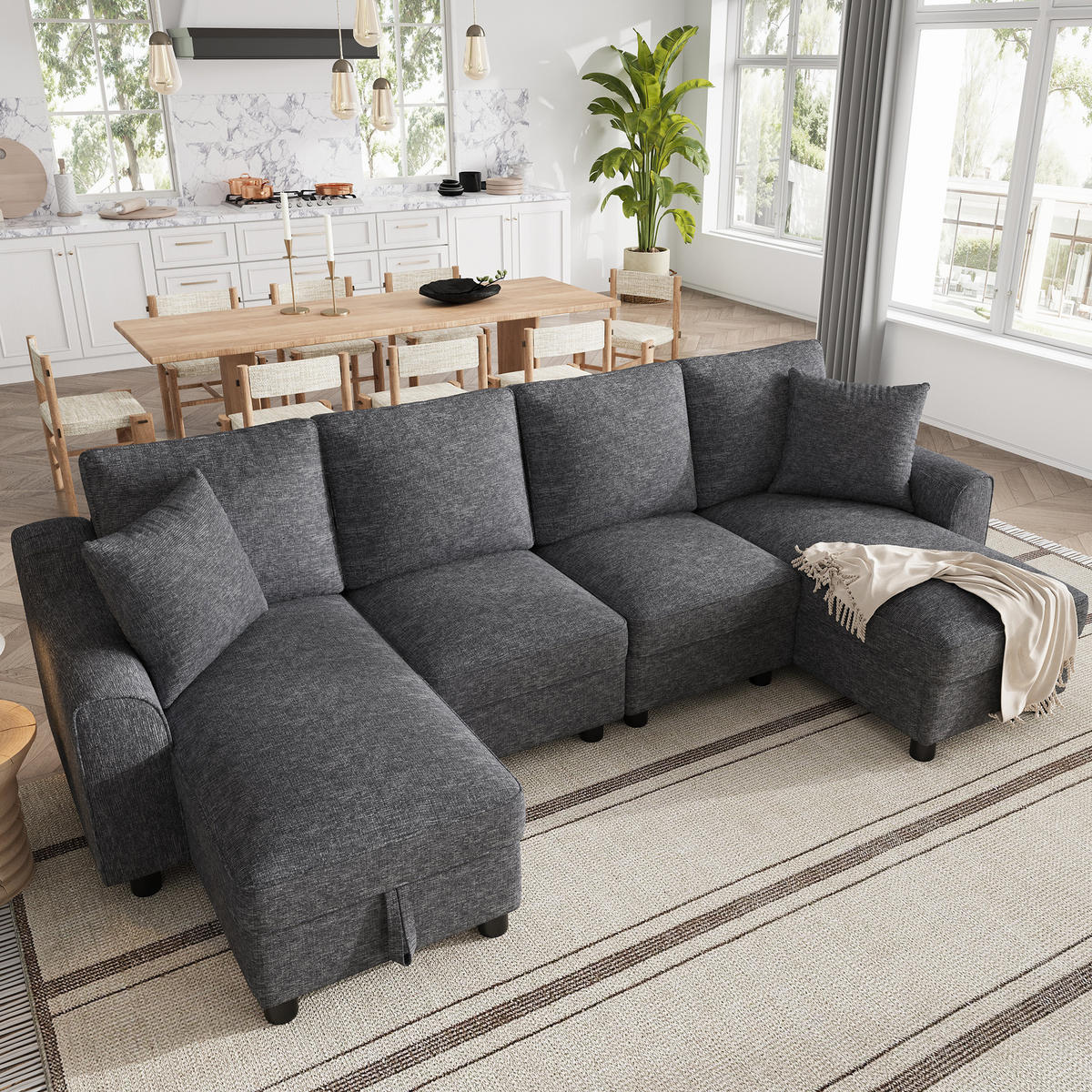 WOHNLANDSCHAFT Chenille Grau mit Stauraum und mit Kissen - Grau, Holzwerkstoff/Kunststoff (280/84/173cm) - WISHDOR