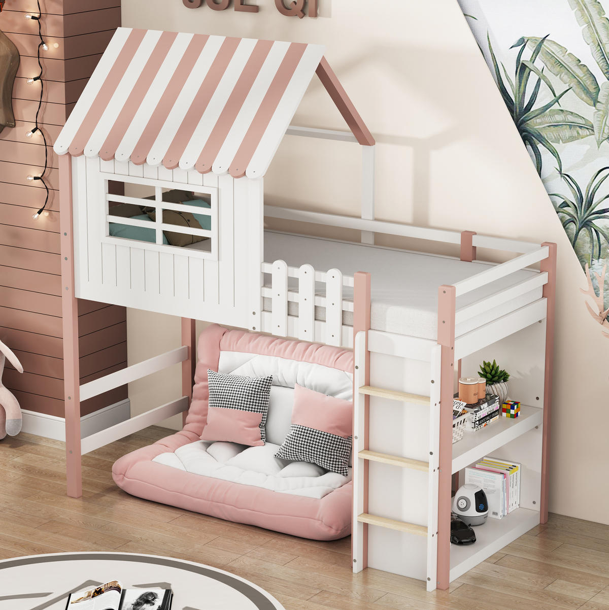 KINDERBETT 90x200 cm Rosa mit Dachdesign, Sicherheitsleiter und Lattenrost - Pink, Holzwerkstoff (90/200cm) - Modfu
