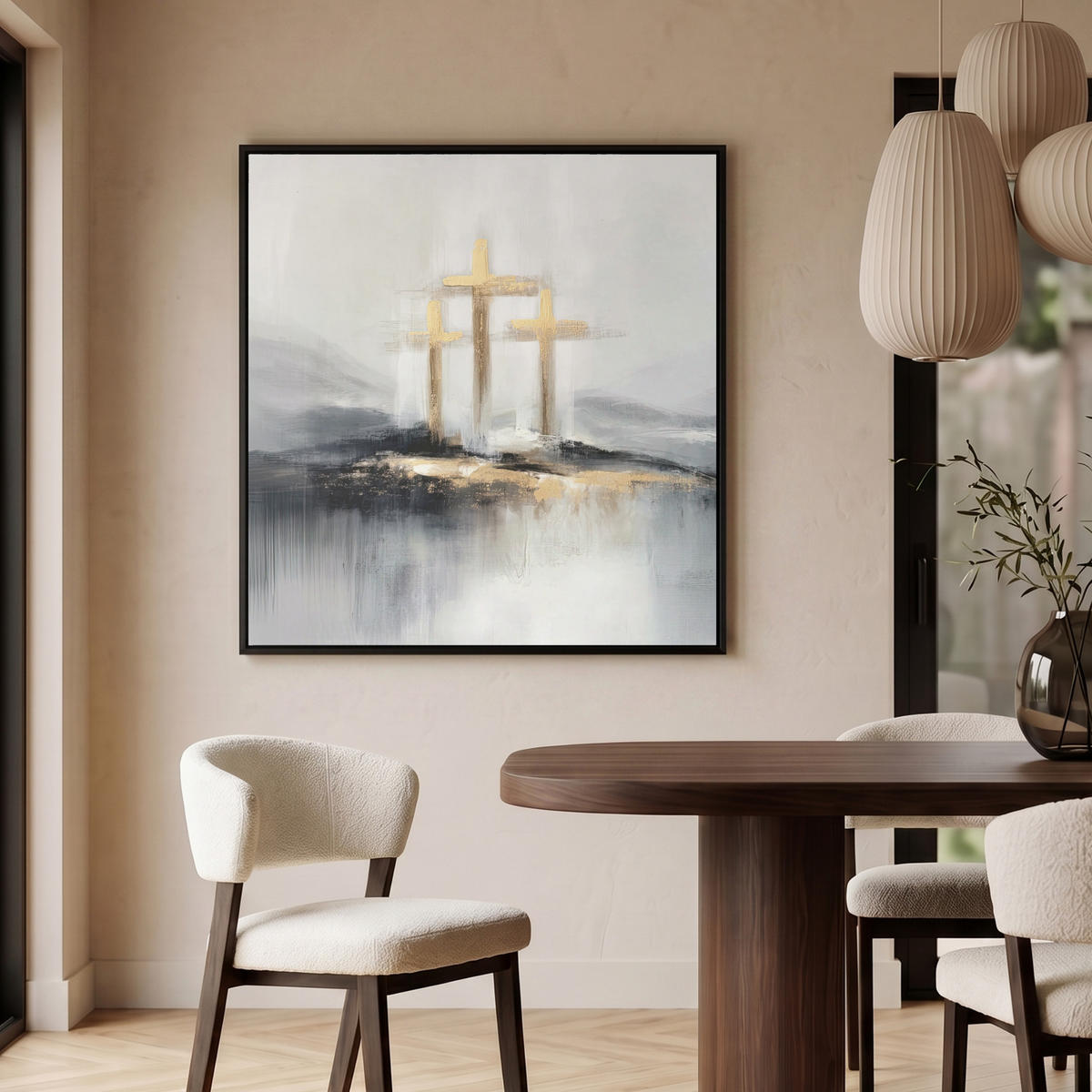 LEINWAND Bilder mit Rahmen - Abstrakt - Malerei - Christentum - Kreuz - 90x90 - Weiß, Textil (90/90cm) - MuchoWow