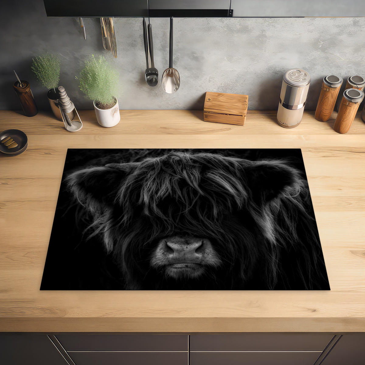 HERDABDECKPLATTE Schottischer Highlander - Kuh - Schwarz - Weiß - Tiere Herdabdeckung Induktionsfeld 75x52 cm - Schwarz, Kunststoff (75/52/0.2cm) - MuchoWow