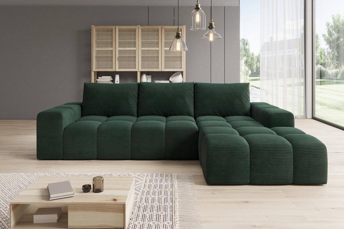 ECKSOFA Cento, L-Form, Ottomane Rechts, Cordstoff, 285x56x180 cm, Grün - Grün, Holz (250/180cm) - PROMETO Möbel