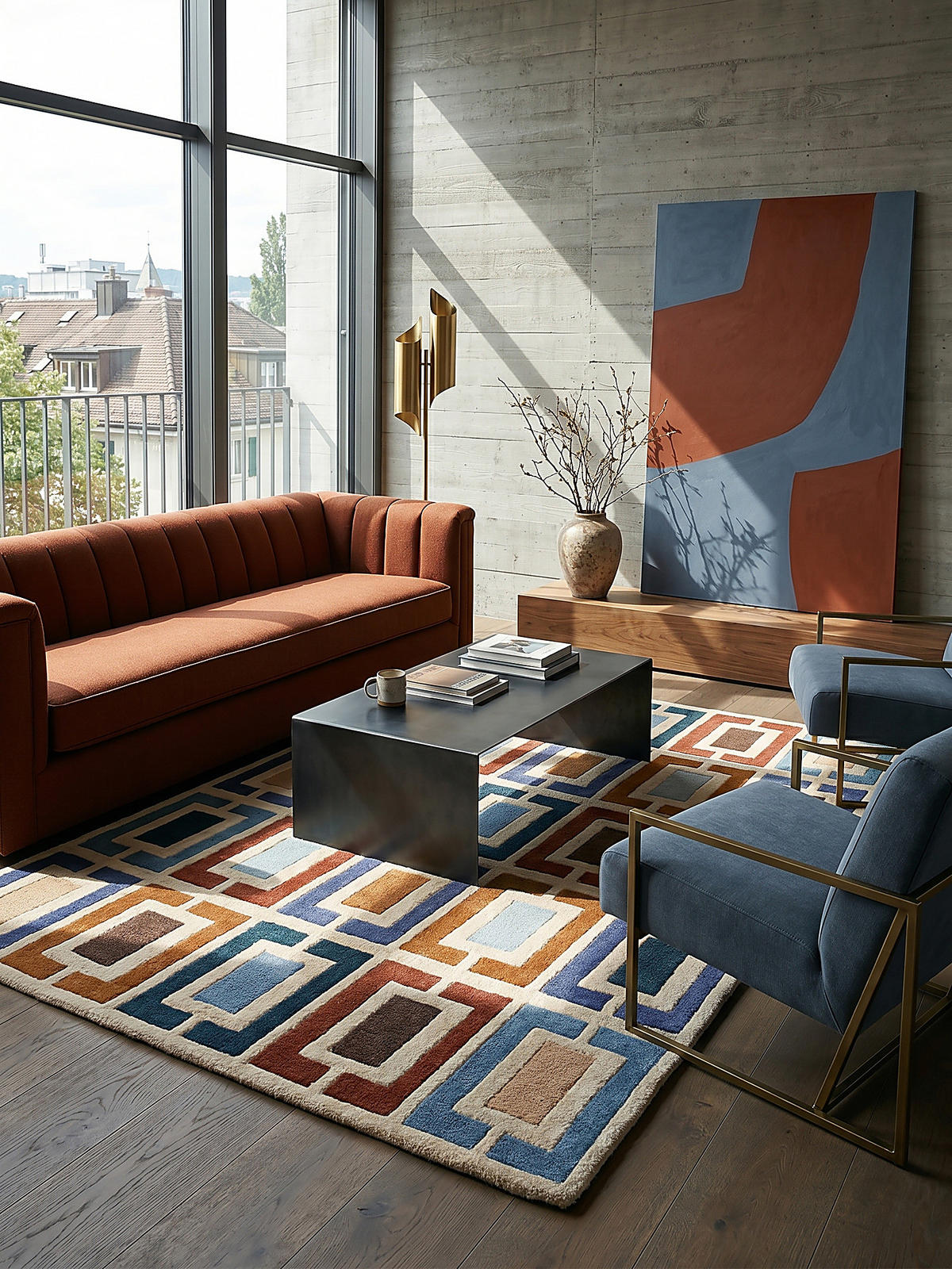 WOLLTEPPICH Geometrisch, Retro-Stil, Wohnzimmer Multicolor-Blau Rechteckig 80x150 - Multicolor, Textil (150/80cm) - KADIMA DESIGN