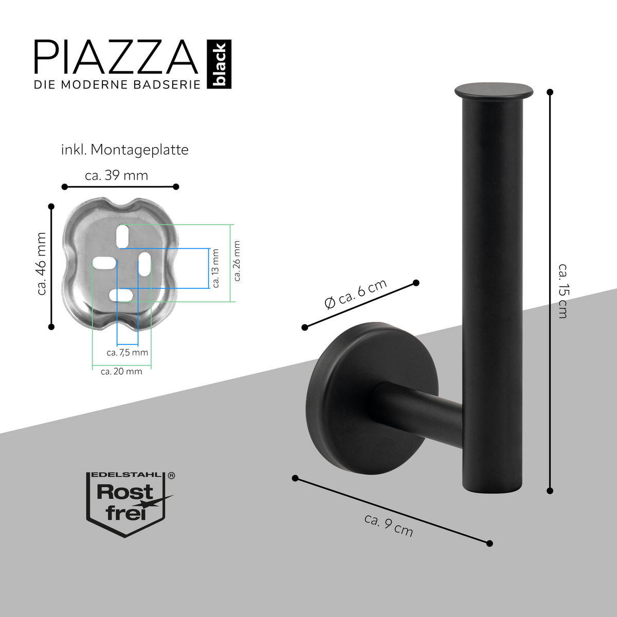 TOILETTENPAPIERHALTER PIAZZA BLACK 2in1 mit Kleber, Edelstahl, schwarz - Schwarz, Metall (6/15/9cm) - bremermann