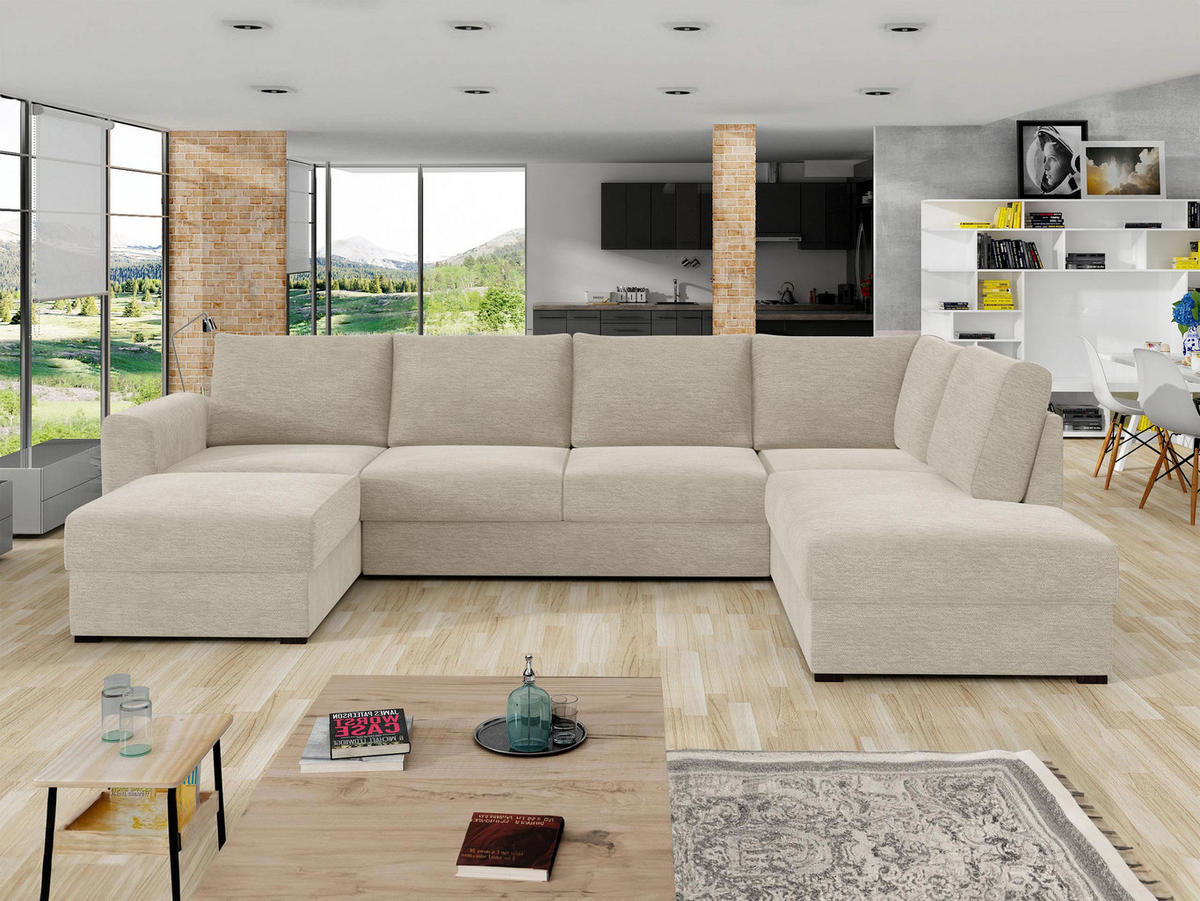 WOHNLANDSCHAFT Wilma, Seite: Rechts - Champagner/Schwarz, Holz/Textil (305/85/188cm) - MIRJAN24