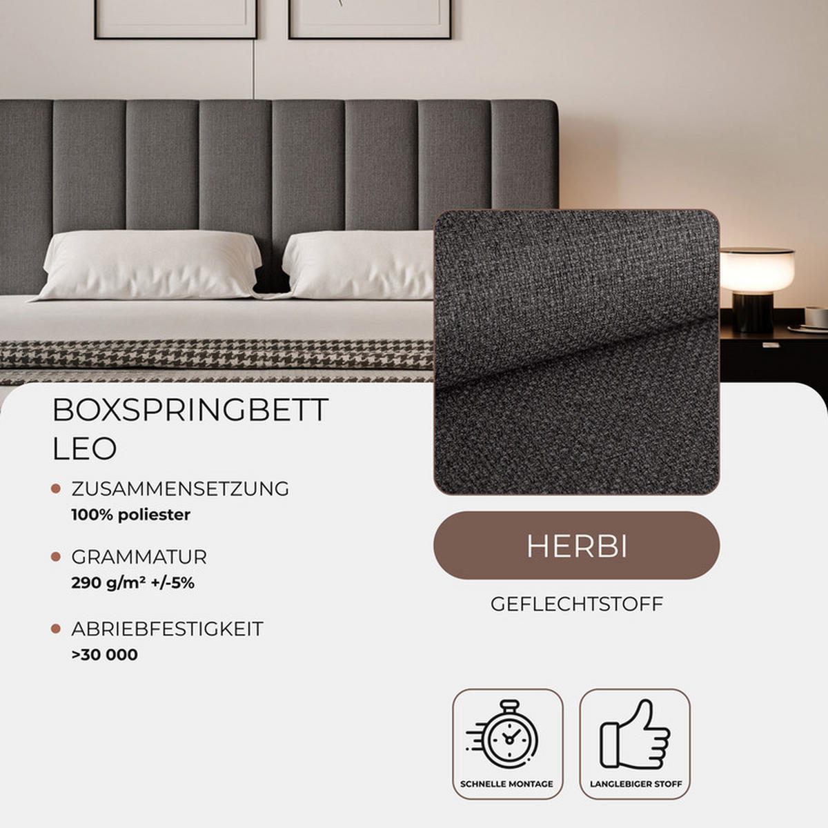 BOXBETT LEO 200/200 cm mit Matratze und Topper, Dunkelgrau - Dunkelgrau/Schwarz, Holzwerkstoff/Kunststoff (200/200cm) - Idohome