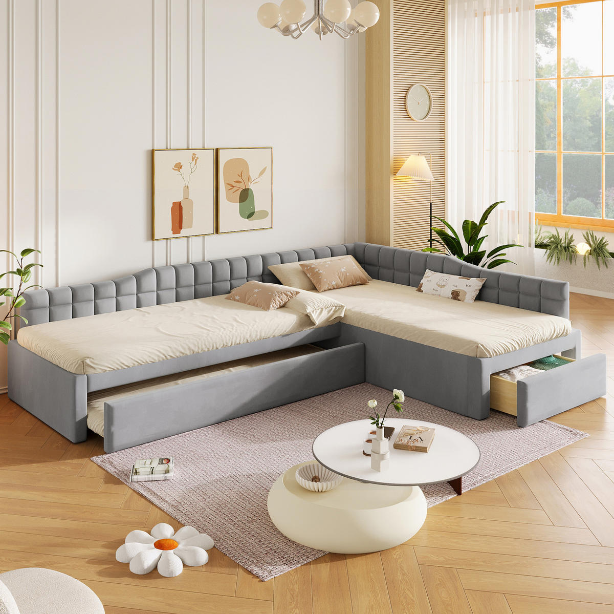 L-FÖRMIGES Polsterbett 2x90x200 cm in Grau mit Ausziehbett und Schubladen - Grau, Textil (90/200cm) - IVMEU