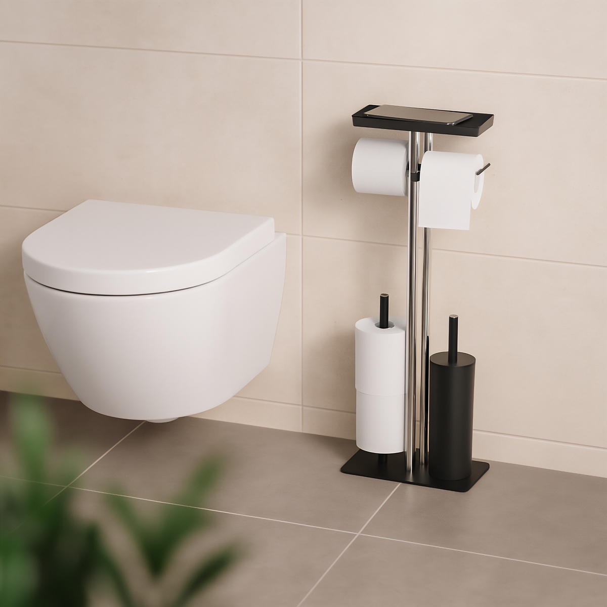 WC-GARNITUR - Schwarz, Kunststoff/Metall (30/77/15cm) - Relaxdays