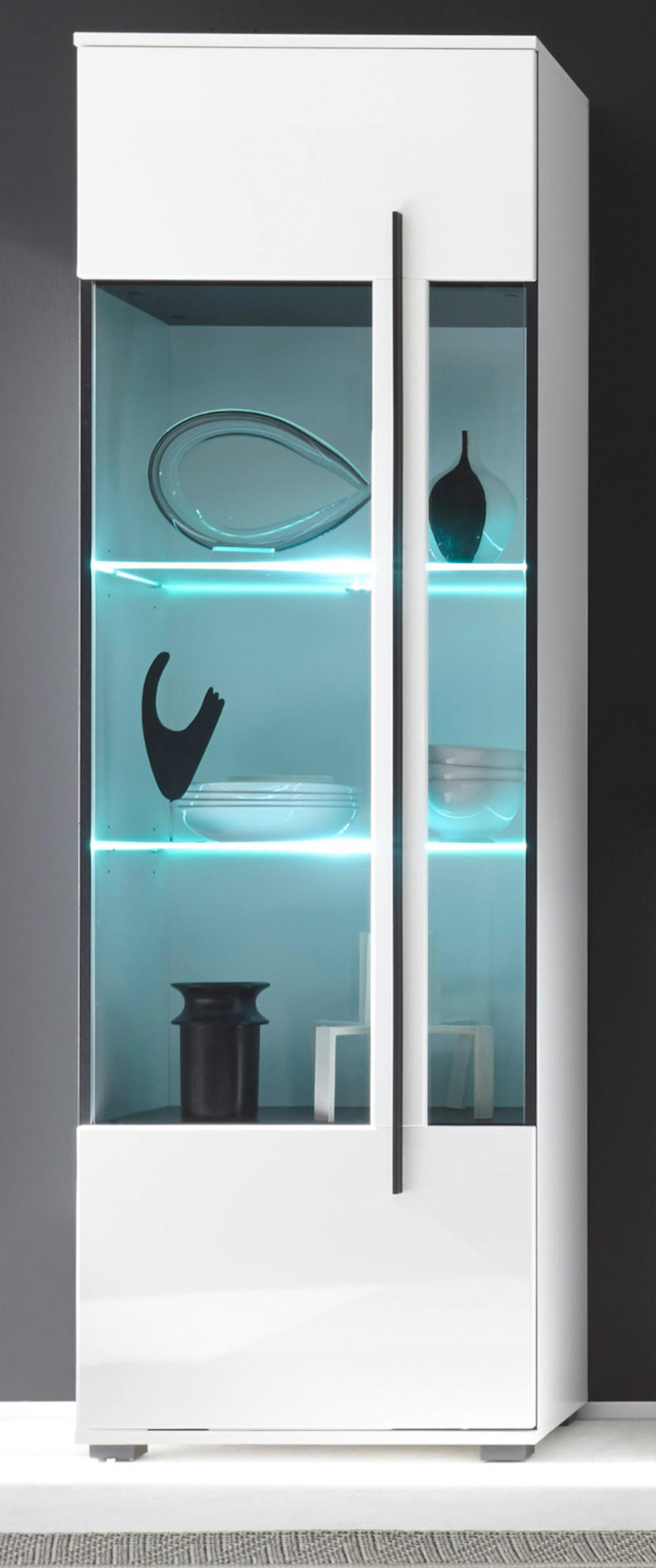 VITRINE weiß Hochglanz 60 x 200 cm, Vitrinenschrank mit 5 Fächern - Weiß Hochglanz/Schwarz, Glas/Holzwerkstoff (60/200/37cm) - Furn.Design