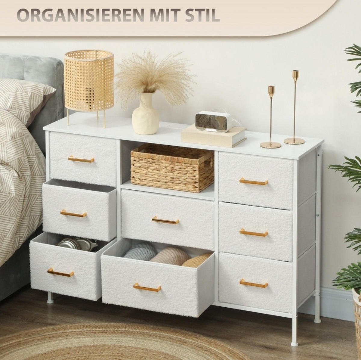 SCHUBLADENKOMMODE 110/30/76 cm mit 8 Schubladen und Ladestation - Creme, Holzwerkstoff (110/76/30cm) - BEAOK