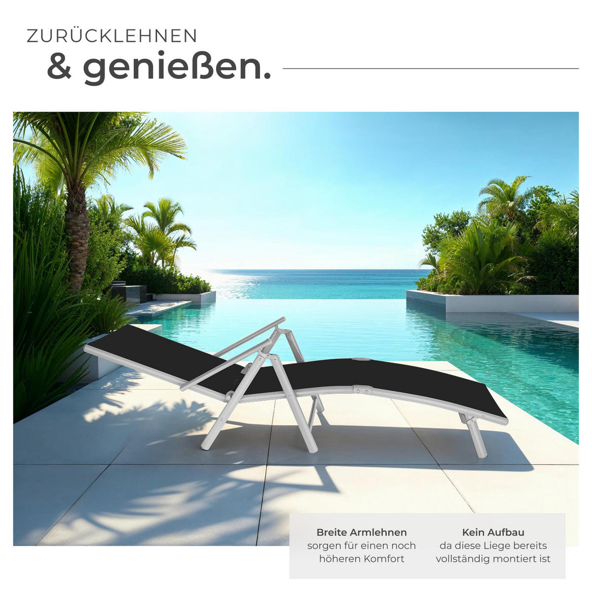 GARTENLIEGE Marisol,182 x 62 x 59 cm,schwarz/silber - Silberfarben/Schwarz, Kunststoff (62/59/182cm) - tectake