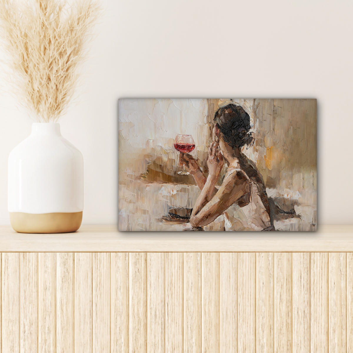 LEINWANDBILD Ölgemälde - Frau - Wein 30x20 cm - Hellbraun, Textil (30/20cm) - MuchoWow