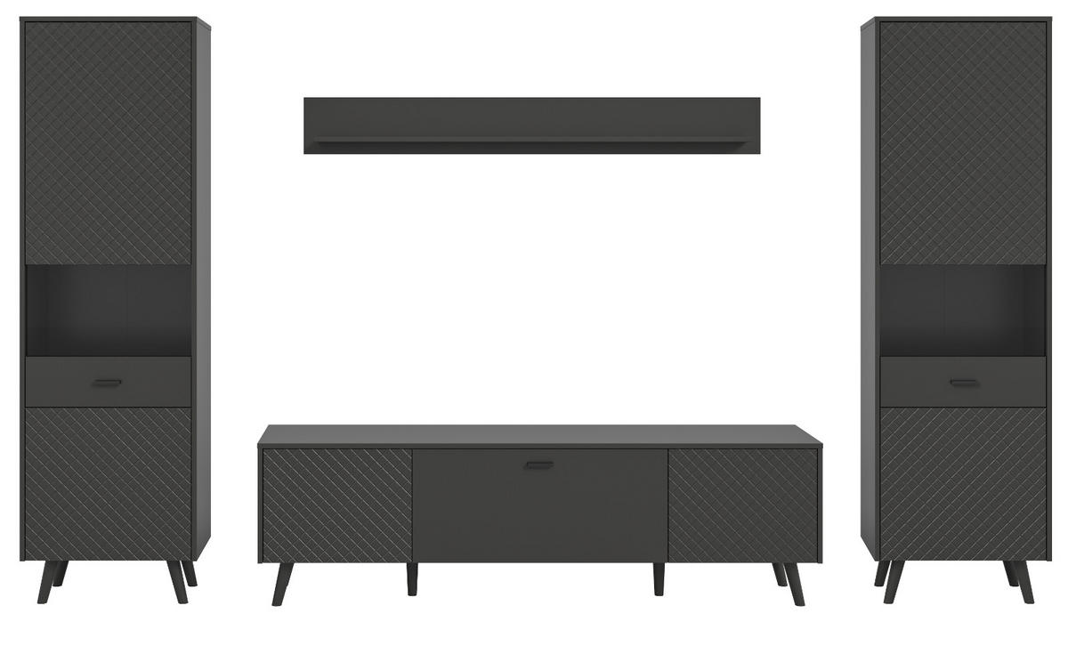 WOHNWAND grau matt 4-teilig 331 cm, Schrankwand mit Struktur - Schwarz/Grau, Glas/Holzwerkstoff (331/195/40cm) - Inn.Furn