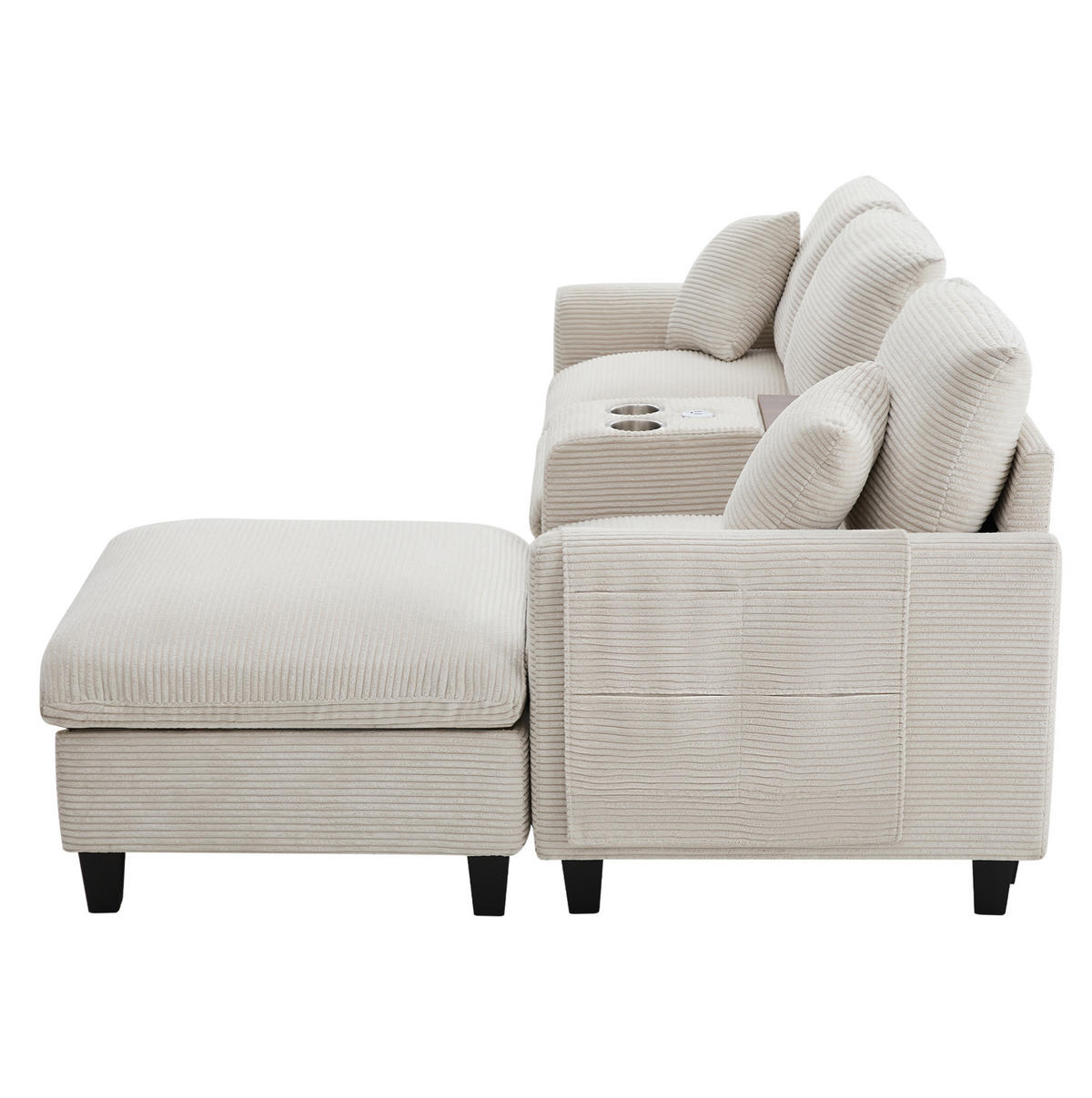 WOHNLANDSCHAFT aus Cordstoff 229x149,5x83 cm Beige mit USB-Anschlüssen, Becherhaltern, Konsole und Stauraumhocker - Beige, Textil (149.5/229cm) - Modfu