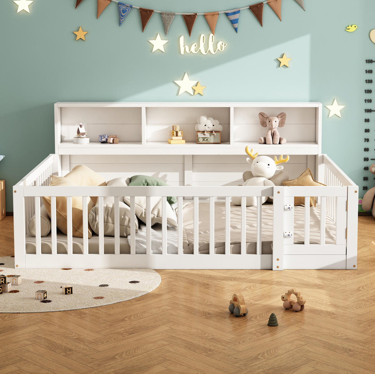 KINDERBETT aus Kiefernholz 140x200 cm in Weiß mit Stauraum & Rausfallschutz - Weiß, Holz (140/200cm) - Modfu