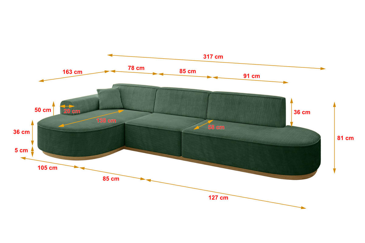 ECKSOFA Ottomane Links MARI-L2-v2 - 328x171x83 cm Grün Cord - Grün, Holzwerkstoff/Textil (328/171cm) - ALTDECOR