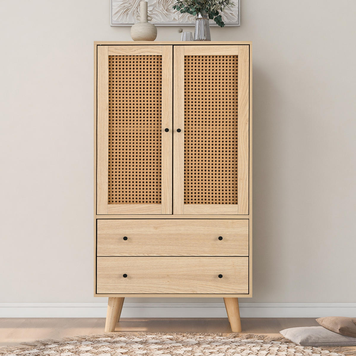 HIGHBOARD mit 2 Schubladen und Rattan-Optik, 60 x 40 x 120 cm, Eiche, Spanplatte - Eichefarben, Holzwerkstoff (60/120/40cm) - SONNENH
