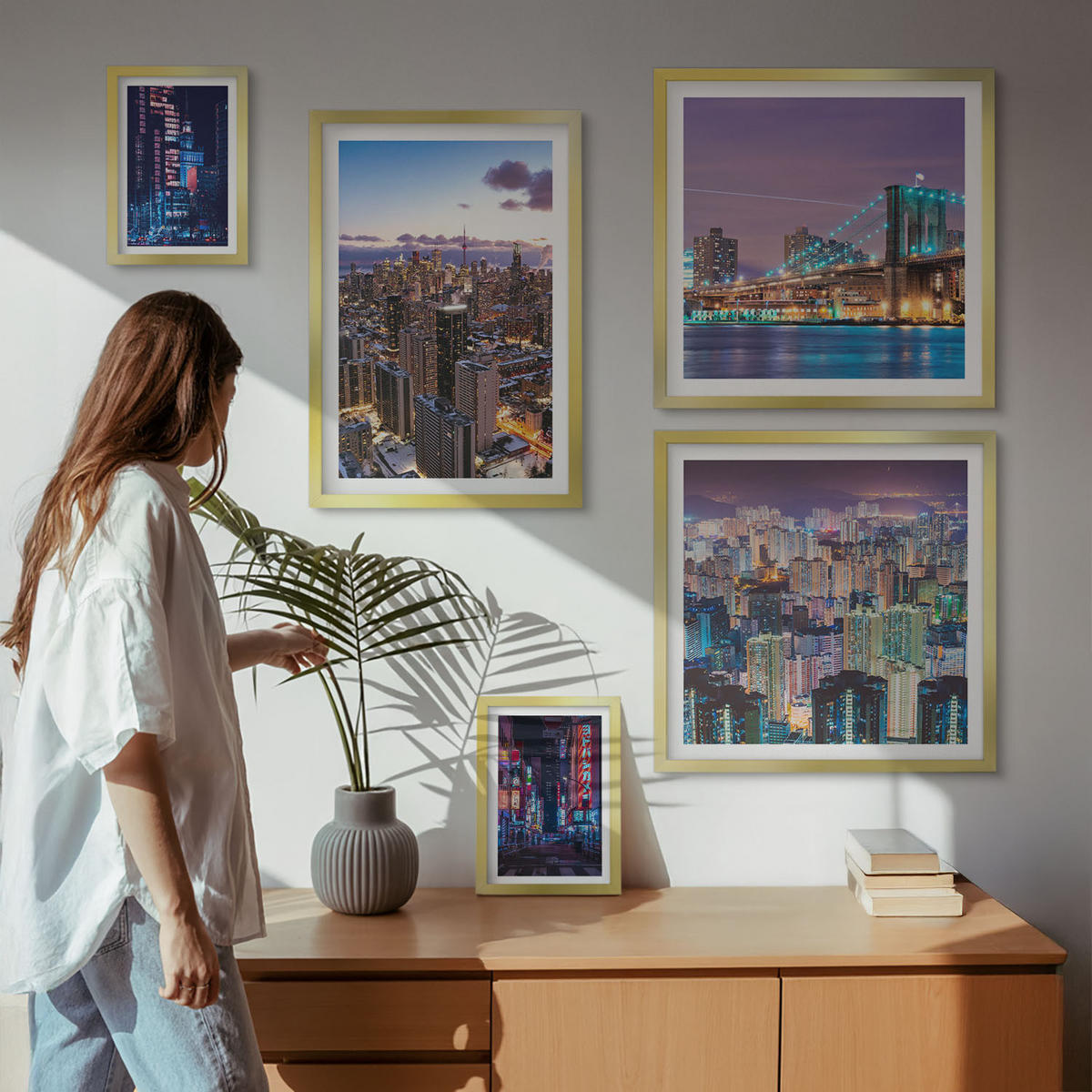 WANDBILDER 5er Set - 50x50 cm & 20x30 cm & 40x60 cm Goldrahmen - Bergblumen Himmelsweg - Goldfarben, Kunststoff (40/60cm) - ArtPrintCave