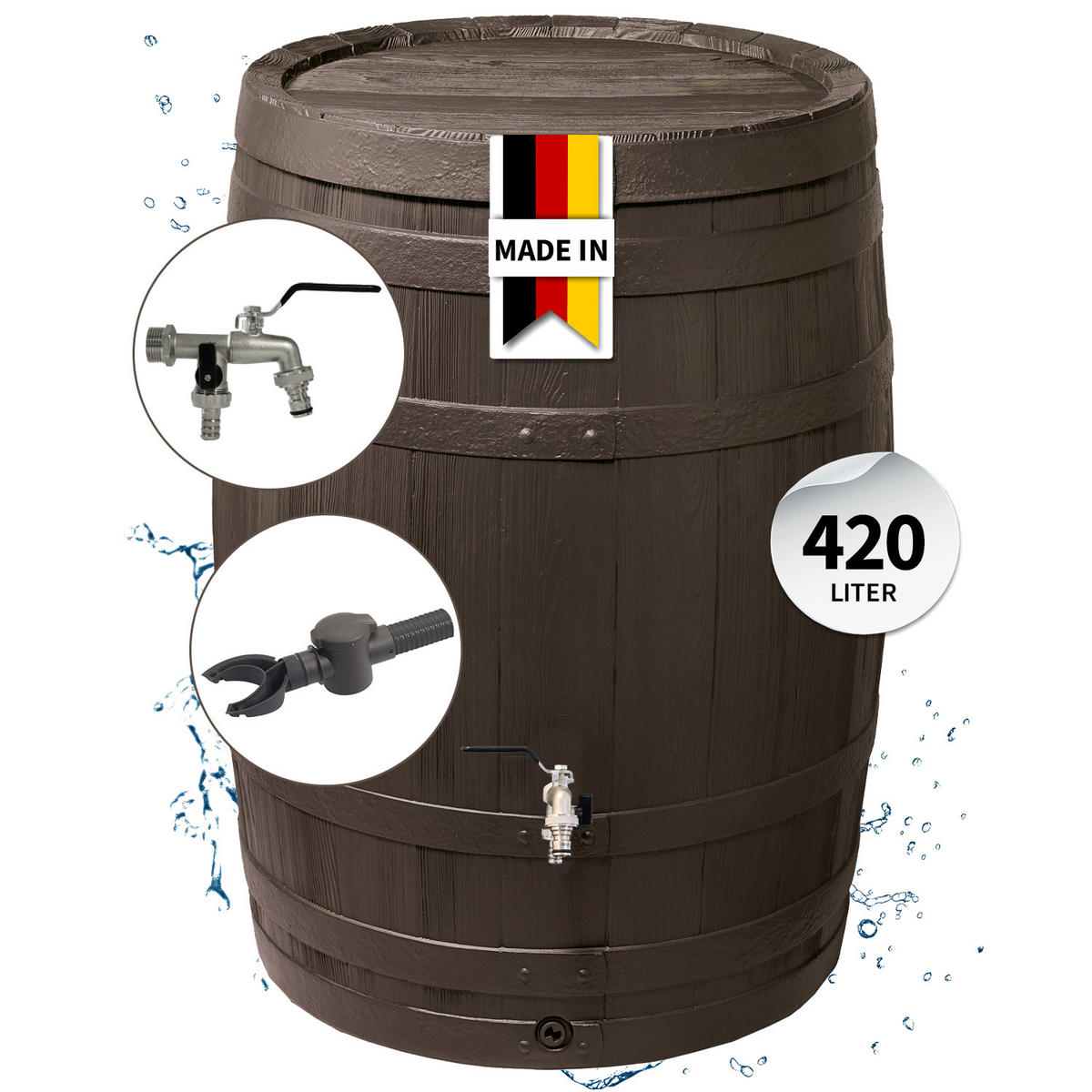 REGENTONNE Komplett-Set 420 L, braun inkl. Chrom-Doppelauslaufhahn und Fallrohranschluss - Braun, Kunststoff (78/105/80cm) - GARANTIA