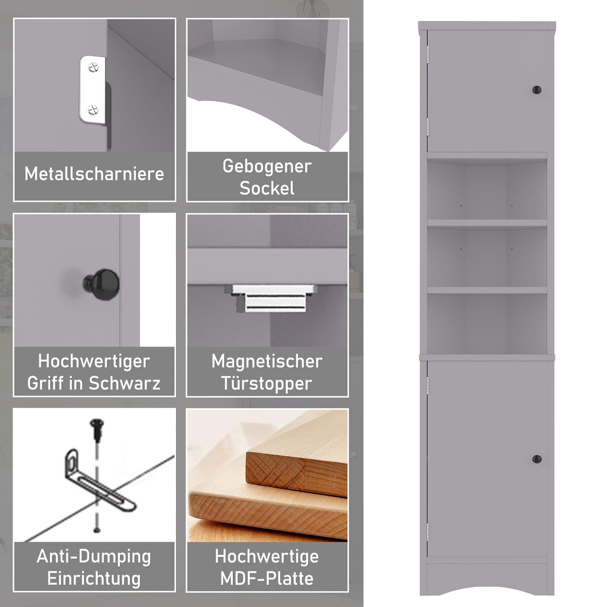 ECKSCHRANK 36.5x24.5x170cm in Grau, mit 2 Türen & verstellbaren Regalen - Grau, Holzwerkstoff (24.5/170/36.5cm) - Modfu