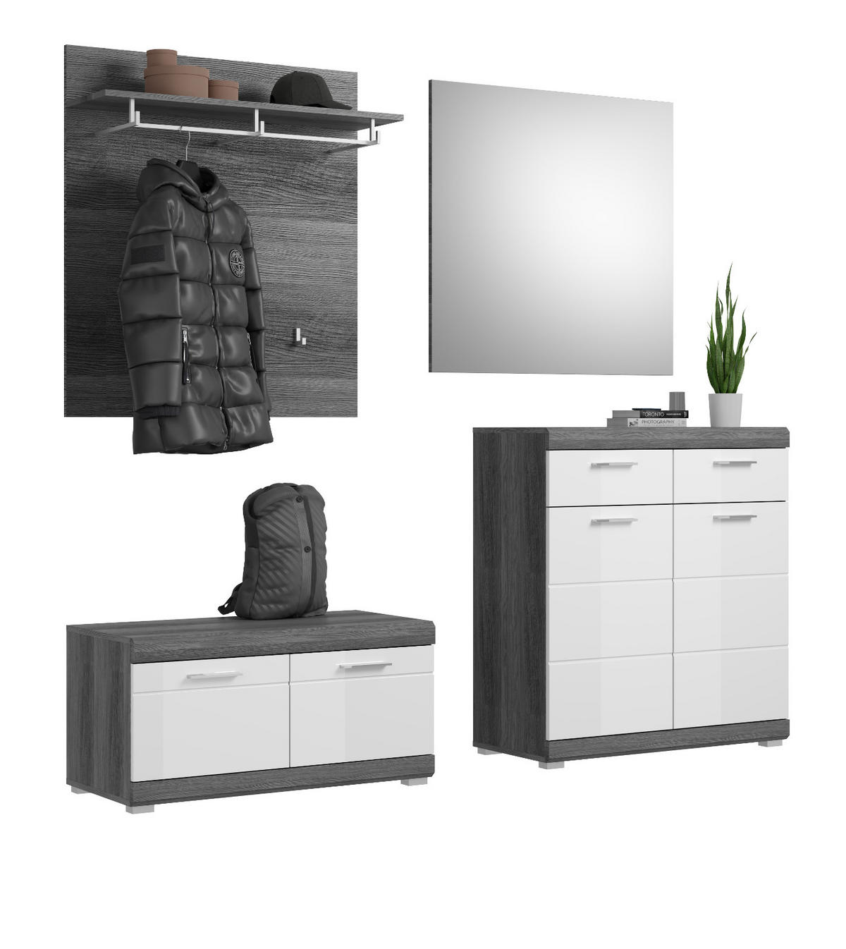GARDEROBE Set 4-teilig weiß Hochglanz, grau, Komplettset mit Schuhkommode - Chromfarben/Weiß Hochglanz, Holzwerkstoff/Kunststoff (195/197/40cm) - Inn.Furn