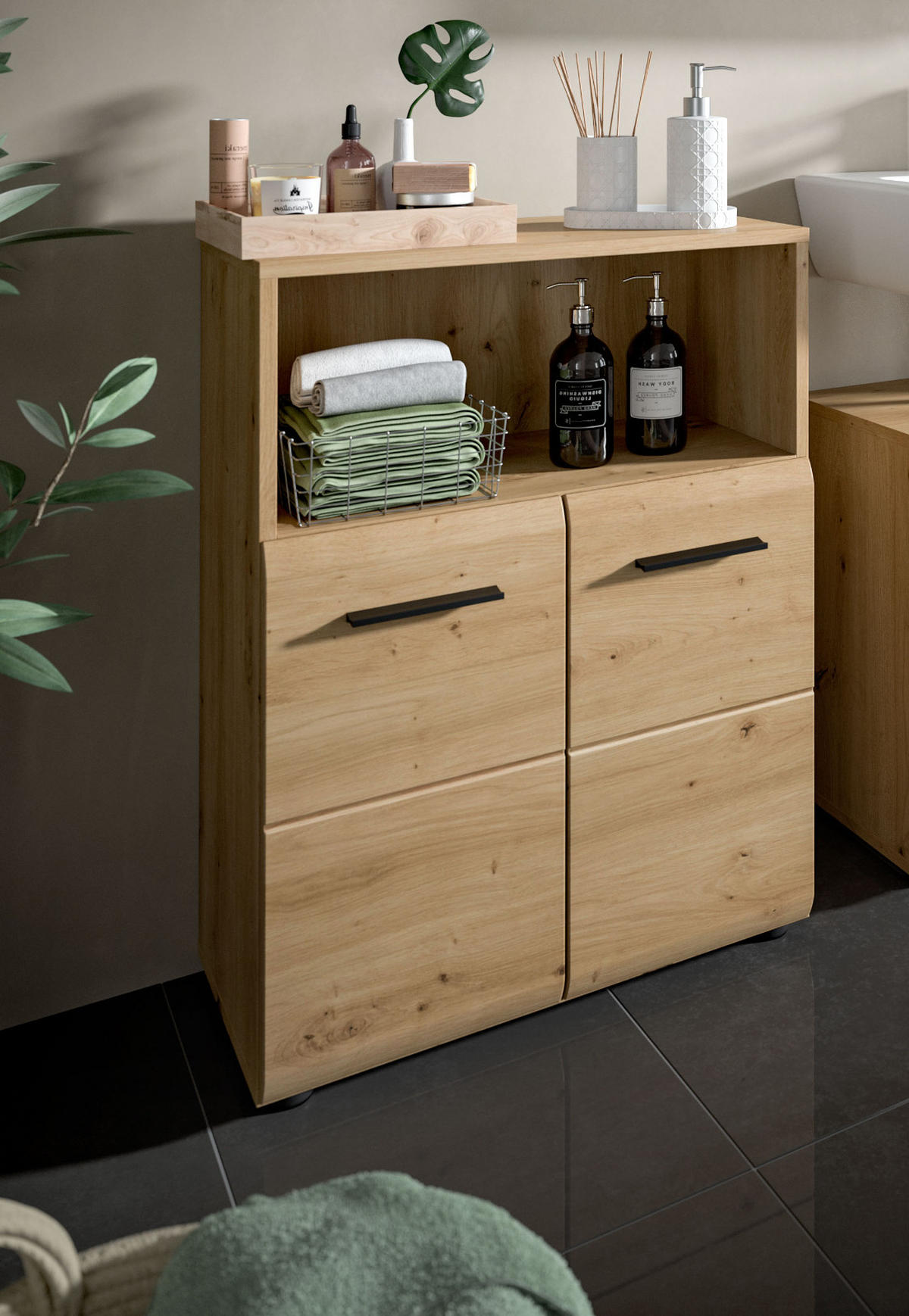 MIDISCHRANK in Eiche Artisan, Badezimmer Kommode 2-türig, 60 x 80 cm - Schwarz/Eiche Artisan, Holzwerkstoff/Kunststoff (60/80/30cm) - Inn.Furn