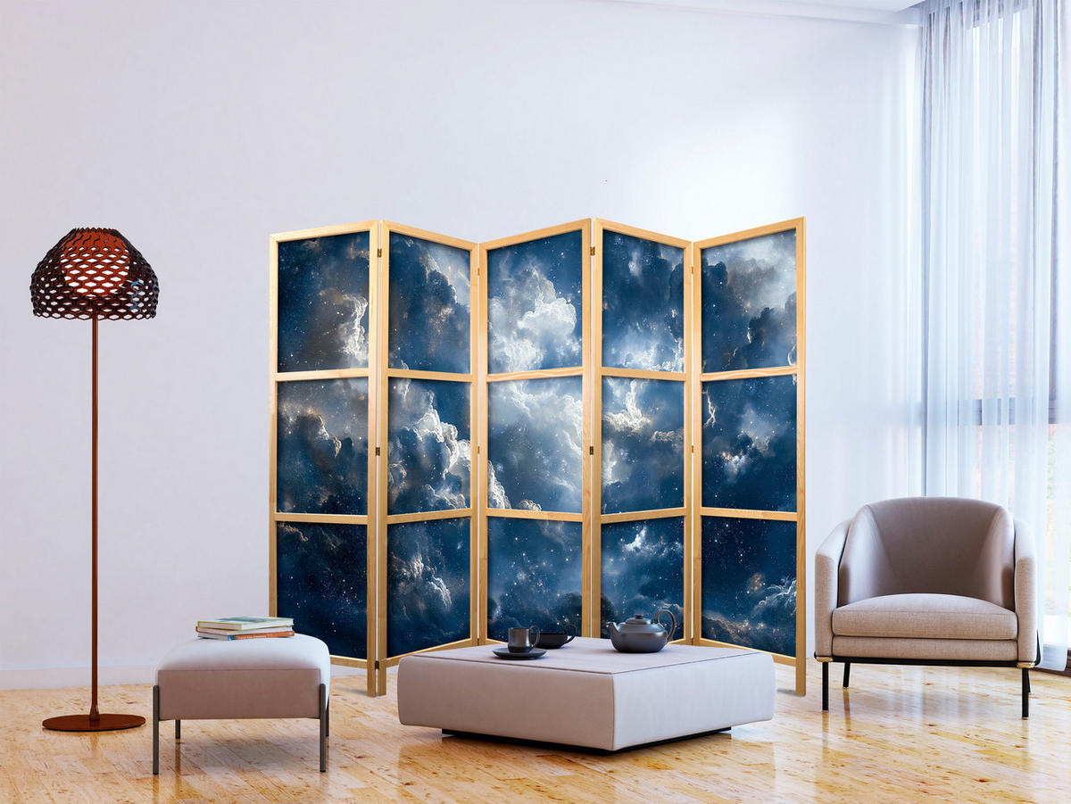 PARAVENT Japanischer 5-tlg 225x172 cm Wolken Und Sterne - Blau, Holz/Textil (225/172/3cm) - Muralo