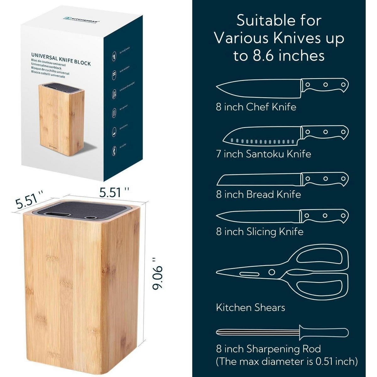 MESSERBLOCK Bambus mit Schlitzen für Schere und Wetzstab - Braun, Naturmaterialien (14.2/23.1/14.2cm)