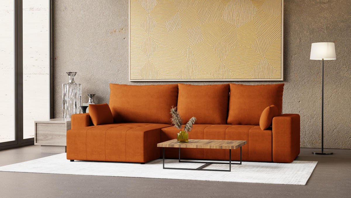 ECKSOFA Tico mit Bettkasten und Schlaffunktion, L-Form/XL-Form, Velourstoff, Universal - Rostfarben, Holzwerkstoff (276/145cm) - 4ALL HOME