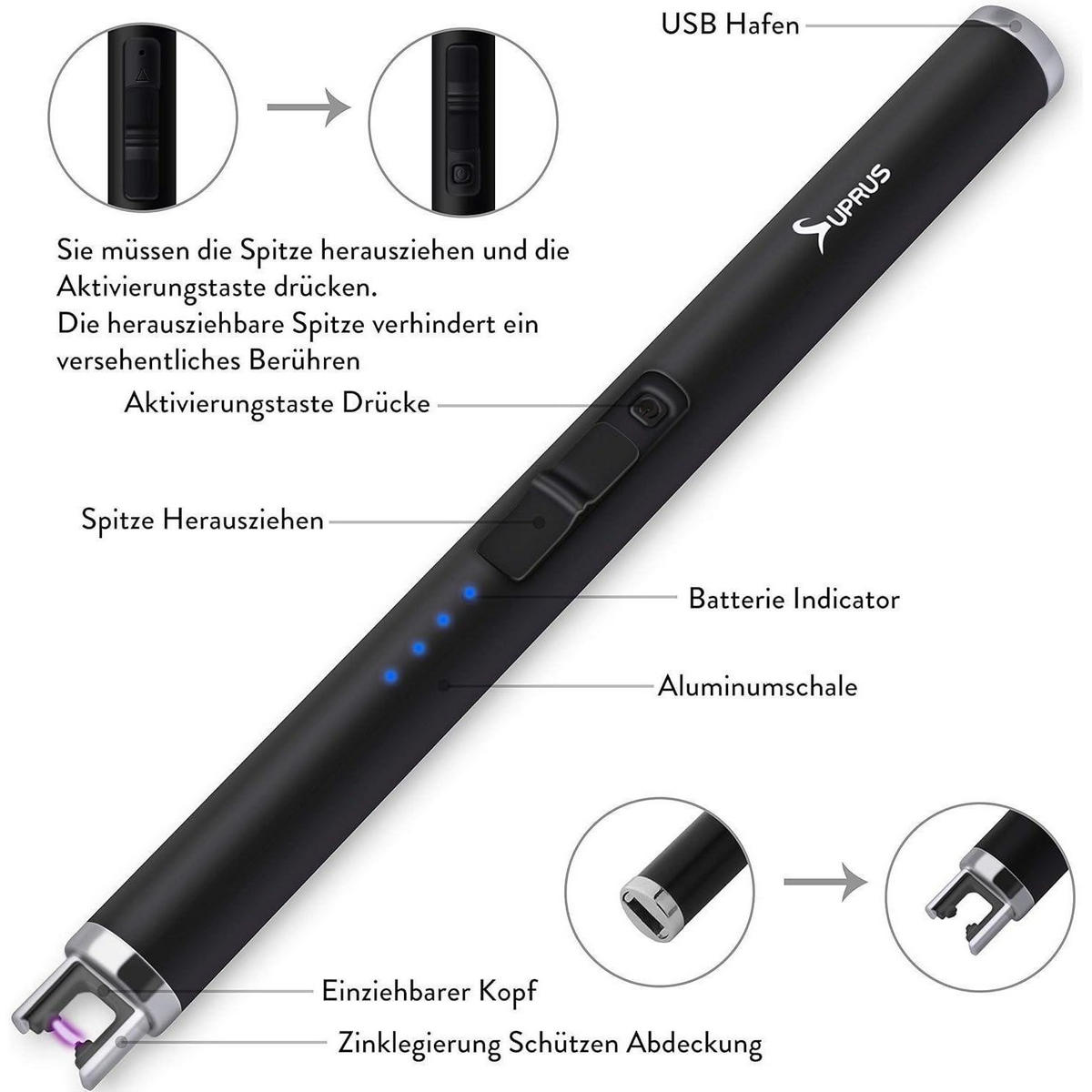 STABFEUERZEUG Plasma USB Aufladbar Winddicht Schwarz - Schwarz, Metall (1.8/1.5/17.5cm)