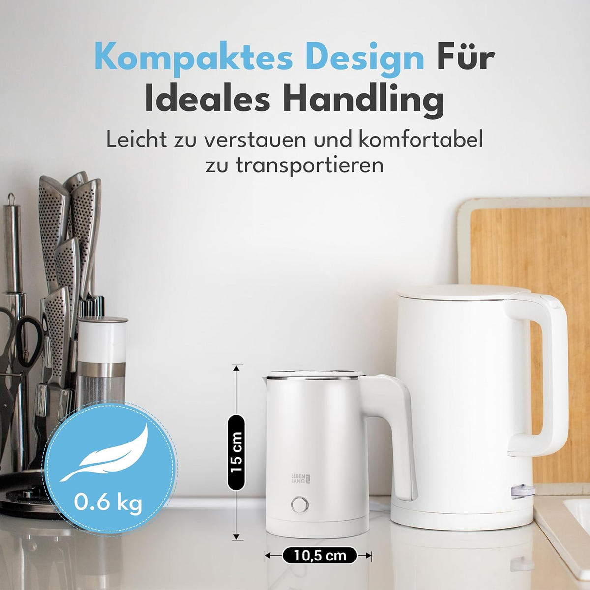 WASSERKOCHER mini für die Reise 500ml BPA-frei - Weiß, Metall (15.2/17/15.8cm) - LEBENLANG