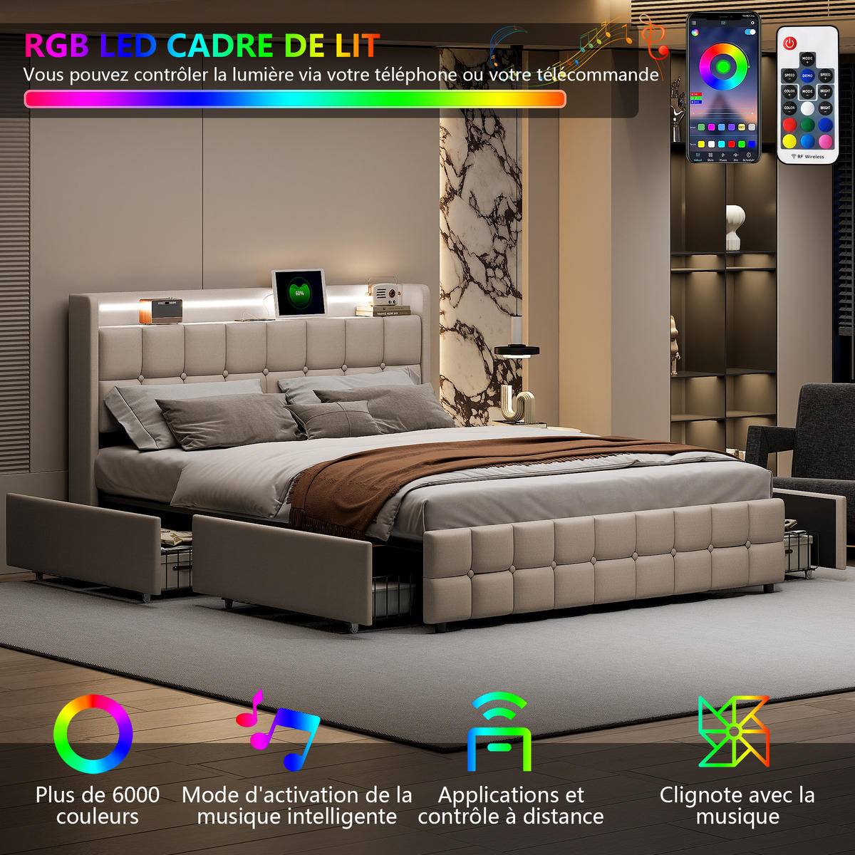 BETT 140x200 cm mit Schubladen und Lattenrost, Polsterbett Beige ohne Matratze - Beige, Holz/Metall (140/200cm) - PARAFTA HOME