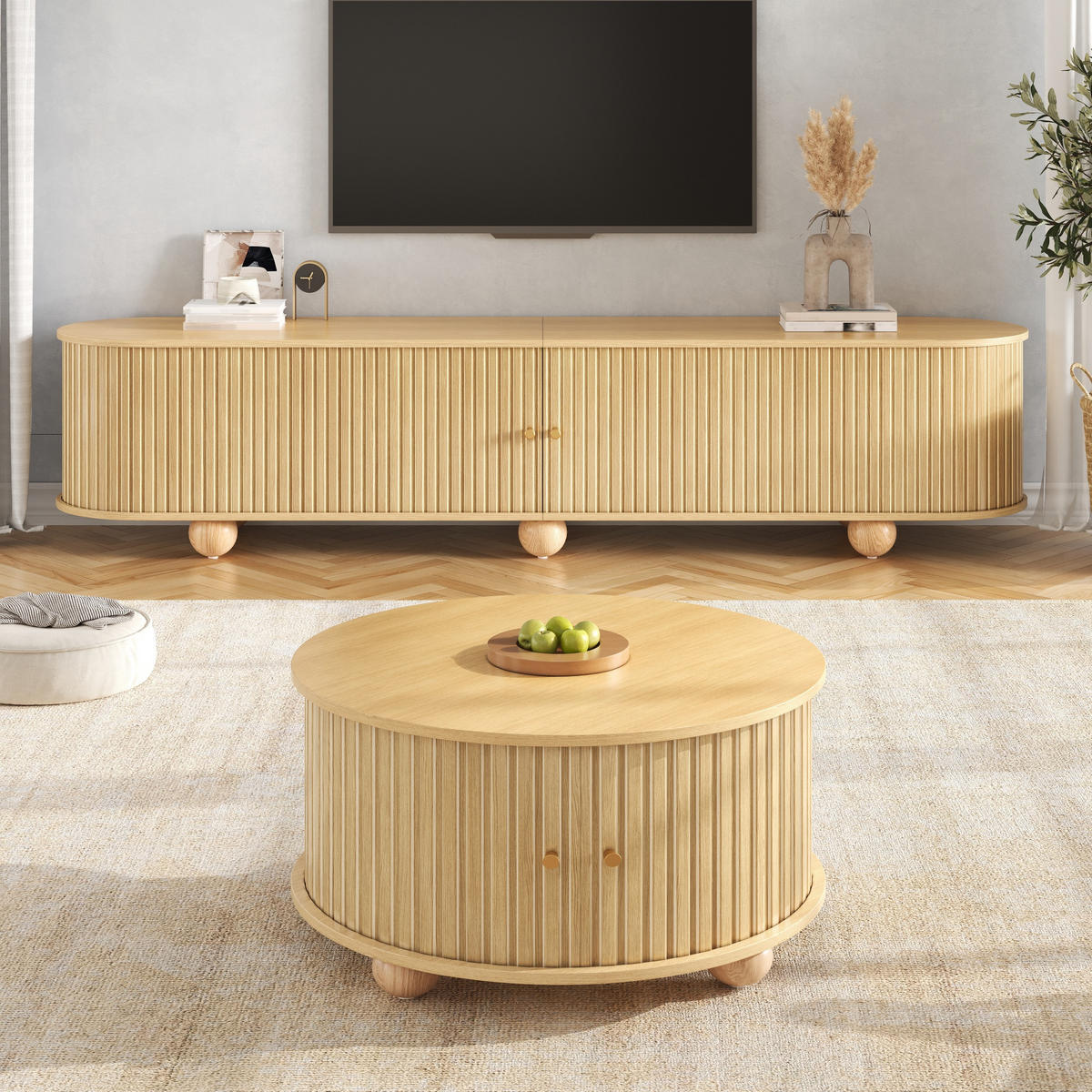 COUCHTISCHSET TV-Schrank MDF Schiebetüren Relief Schwarz - Naturfarben, Holzwerkstoff (180/45/35cm) - FLIEKS