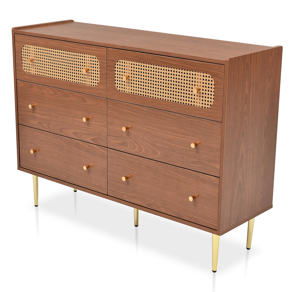 KOMMODE 120/40/90 cm in Nussbaum mit 6 Schubladen und Rattan-Details - Naturfarben, Metall (120/90/40cm) - Flora Grace
