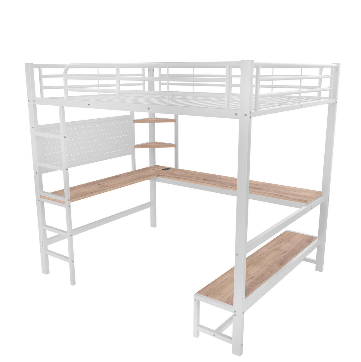 HOCHBETT 140/200 cm in Weiß mit Schreibtisch, Regalen und LED - Weiß, Metall (140/200cm) - BEAOK