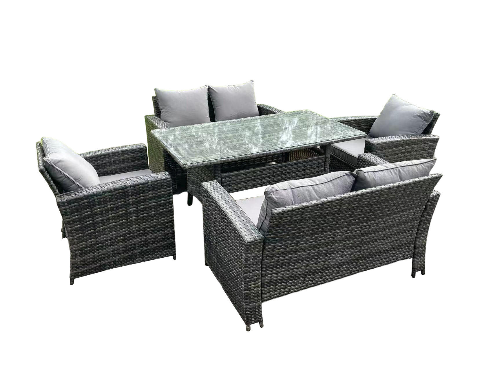 GARTENMÖBELGARNITUR mit Esstisch Polyrattan Dunkelgrau 6-Sitzer - Dunkelgrau/Grau, Glas/Kunststoff - Fimous